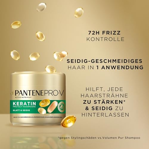 Foto von Pantene Pro-V Glatt & Seidig Keratin Reconstruct Haarmaske Für Widerspenstiges Haar, Haarpflege Glanz, Anti-Frizz, Anti Frizz, Haarkur, Haarmaske, Haare Kur, Haar Mask, Beauty, Gold, 300ml