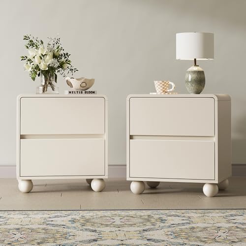 Image of MAISONARIA Curved Nightstand Set of 2, Modern Nightstand with 2 Large Storage Drawers, Wooden Endside Table for Bedroom, Beige