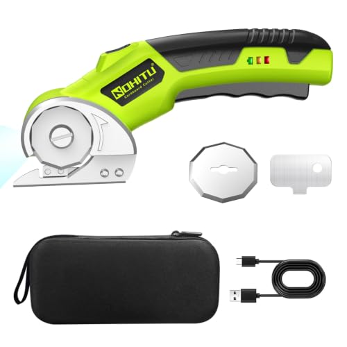 Cordless Electric Scissors: 4V Rechargeable Rotary Cardboard Cutter, 3000mAh Battery, with LED Light & Safety Lock, 2 Blades, Electric Box Cutter for Fabric Carpet Carton Plastic Leather Cloth