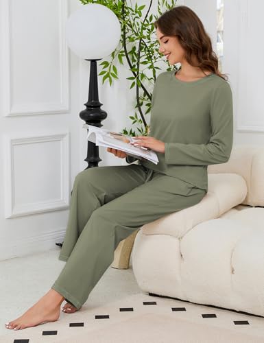 Image of KCW Womens Pajamas Sets 100% Cotton 2 Piece Lounge Set Long Sleeve Tops and Pants Soft Pjs Sleepwear with Pockets