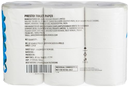 Image of Presto! 2 Ply Toilet Tissue Paper,100% Natural Virgin Paper-Pack Of 6(400 Pulls Per Roll)