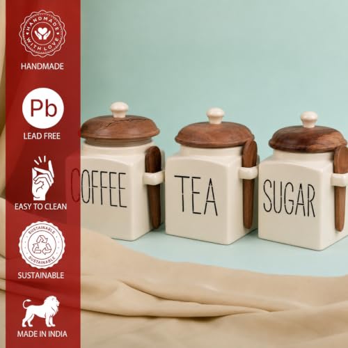 Image of Ivory Ceramic Coffee, Tea & Sugar Storage Jar Set with Wooden Lid & Spoon | Kitchen Airtight Containers (750ml each)