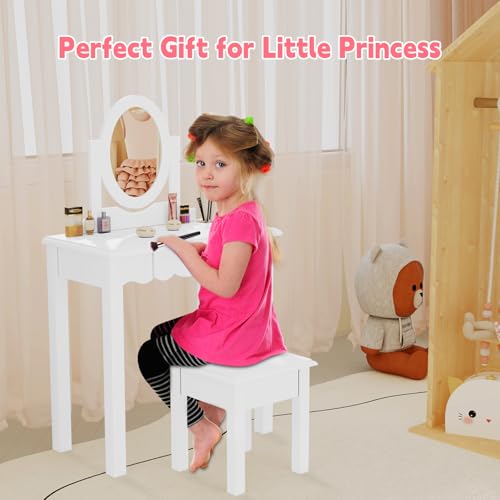 Image of HLR Kids Vanity, Girls Vanity Set with Mirror and Stool, Wooden 2 in 1 Princess Makeup Desk Dressing Table with Detachable Top, Toddler Vanity Dresser Set with Drawer for Little Girls, White