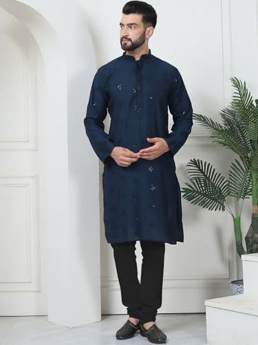 Image of SOJANYA (Since 1958 Men's Cotton Silk Sequinned Neck Embroidered Kurta with Black Pyjama