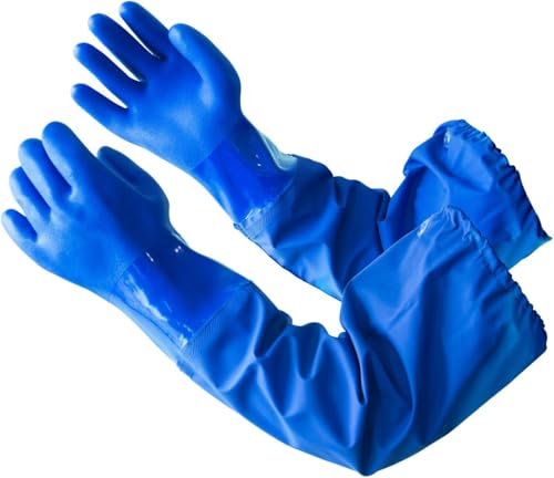 AnTools 25' Heavy-Duty PVC Chemical Gloves, Waterproof Long-Sleeve Work Gloves with Cotton Liner and Non-Slip Grip, for Lab, Pool Cleaning, Oil, and Industrial Work, Blue, Large