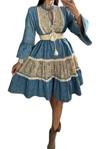 Robe midi en denim bleu style vintage manches cloches pour femme tendance