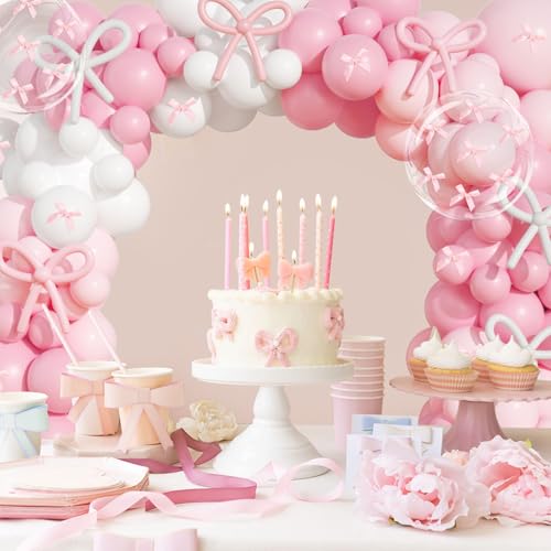 Image of Pink Bow Balloons Arch Kit,JOGAMS 199Pcs Coquette Balloons Garland with 260 Clear Balloons Pink Ribbon Bow for Bow Coquette Birthday Decorations Bachelorette Baby Shower Bridal Shower