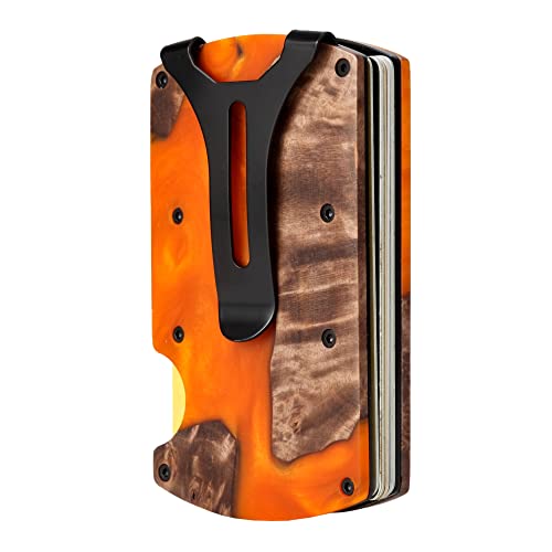 Image of Minimalist Wallet for Men, Slim Metal RFID Blocking Wallet Credit Card Holder Money Clip & Cash Strap, Scratch-Resistant Holds 15 Cards,Ideal Gift for Men | Resin Wood, Unique Pattern,Orange