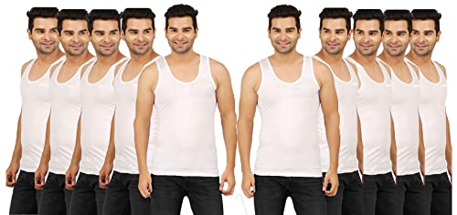 PRAKASAM COTTON Men's Combed Cotton Round Neck Sleeveless White Vest with Extended Length for Easy Tuck (Gold)