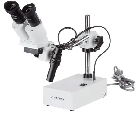 AmScope SE410Z-LED Widefield Binocular Stereo Microscope - 10X & 20X Magnification, Single-Arm Boom Stand, 6" Long Working Distance, Gooseneck LED Light, for Microsoldering and PCB Repair
