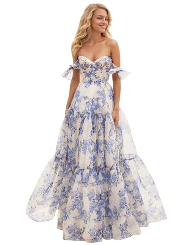 Women Chiffon Floral Print Off Shoulder Prom Dress 2025 Long Ball Gown Formal Dress Sweetheart Evening Gown