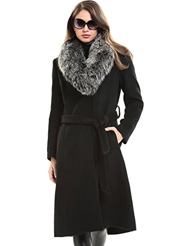 Escalier Women's Trench Long Wool Coat with Fox Fur Collar Black US8