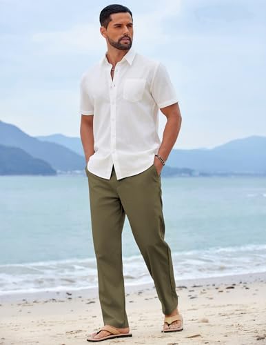 Image of COOFANDY Mens Cotton Linen Pants Casual Drawstring Summer Beach Pants Lightweight Linen Dress Trousers