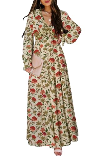 Image of BLENCOT Womens Casual Boho Floral Printed V Neck Long Sleeve Long Maxi Dress Spring Summer Dresses
