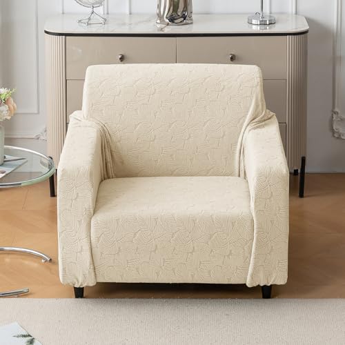 Image of House of Quirk Universal Jacquard Fabric Sofa Cover - Soft, Stretchable Couch Slipcover, Flexible Fit, Wrinkle-Resistant & Easy to Clean (Beige, One Seater)