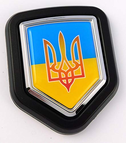 Image of Ukraine Flag with Trident Car Truck Black Shield Grill Badge Chrome Emblem 2.6 inch x 3.1 inch