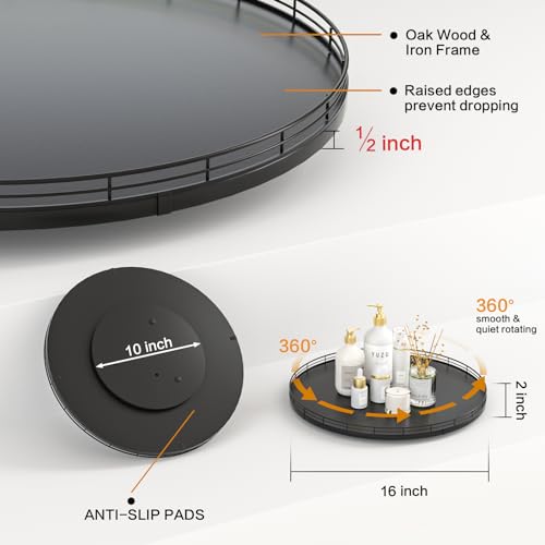 Image of Oroyutor 16 inch Oak Wooden Lazy Susan Turntable for Dining Table, Large Round Lazy Susans Organizer for Kitchen Countertop, Tabletop 360Rotating Tray for Spice Organization and Storage Black Home Decor