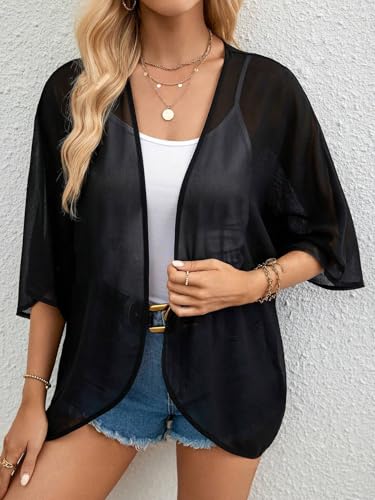 Image of Womens Kimonos Chiffon Cardigan Sheer Beach Cover Up for Women, 3 /4 Sleeve Tops Summer Vacation Outfits for Women