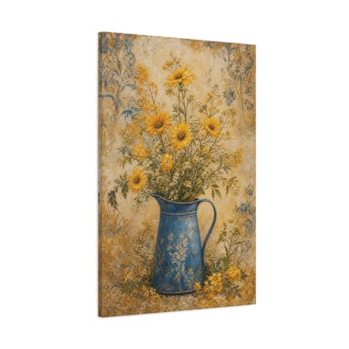 Toile florale jaune et bleu : sublimez le mur au-dessus de votre canape