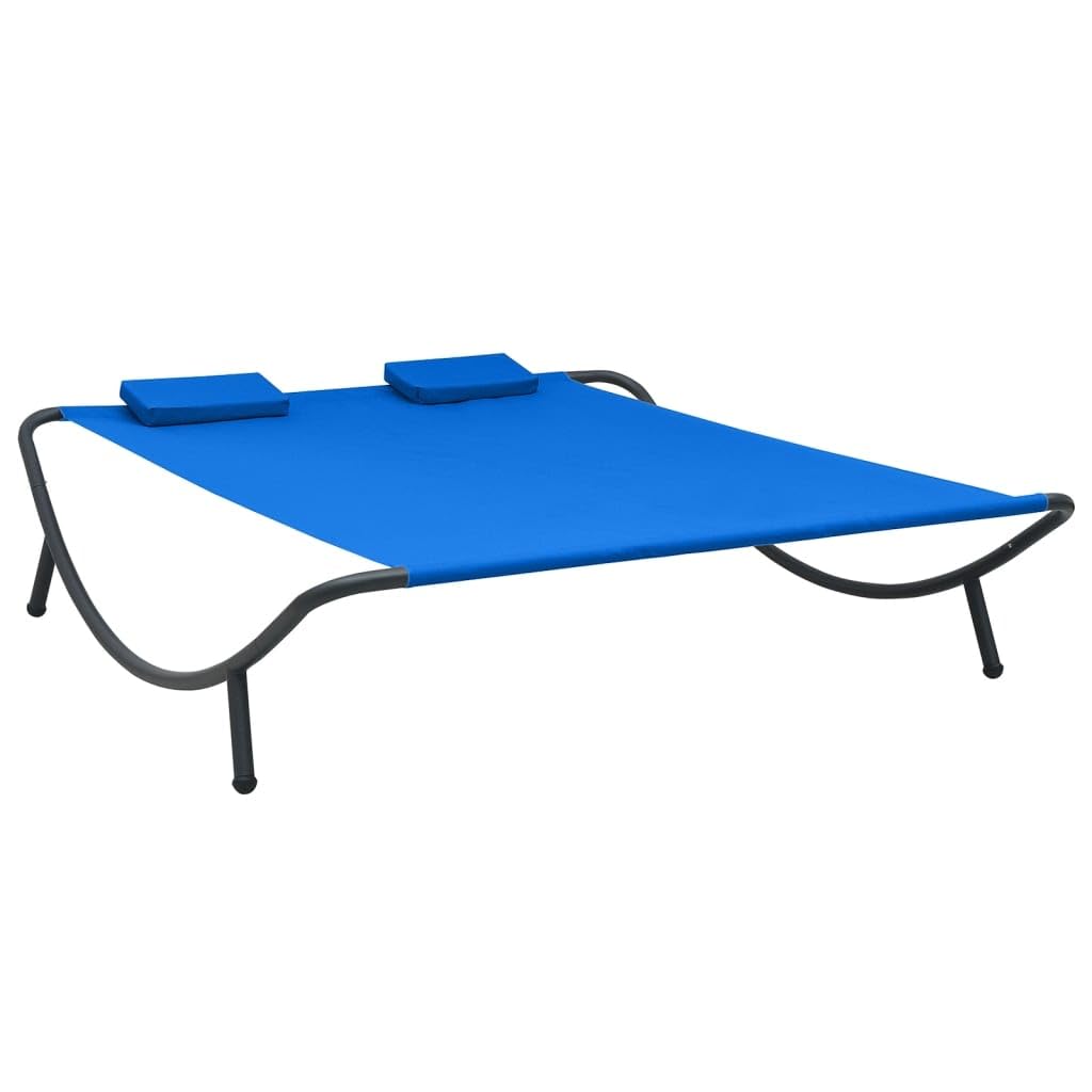 Lettino prendisole blu in tessuto Oxford e acciaio, 200 x 173 x 45 cm, con 2 cuscini, fodere lavabili, per giardino, terrazza, balcone, piscina e spiaggia, resistente alle intemperie