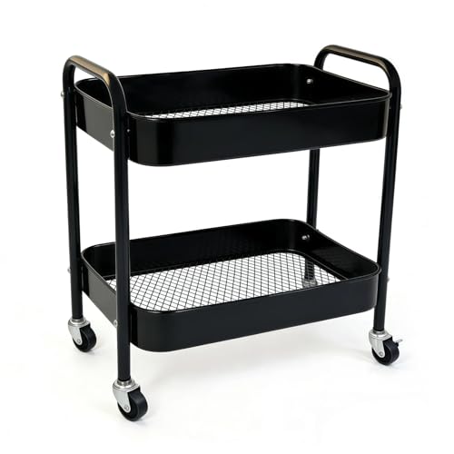 Ufriandz 2 Tier Metal Rolling Utility Cart with Wheels Under Desk Storage Cart with Handle Roll Around Organizer Trolley for Small Space Pantry Bathroom Home Kitchen Office Snack Baby Supplies Black