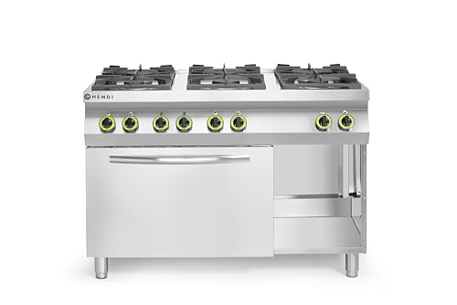 HENDI Fourneau à gaz professionnel avec 6 brûleurs (28,5kW) et four électrique à convection intégré GN 1/1, espace de rangement, pour gaz naturel (kit...