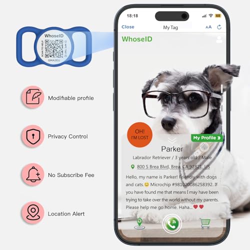 WhoseID QR Code Dog Tag with NFC, Personalized Pet ID Tag, Silicone Dog ID Tag, Modifiable Pet Online Profile, Multiple Emergency Contact, Scan QR Code Send GPS Location Email (Regular, Navy Blue)