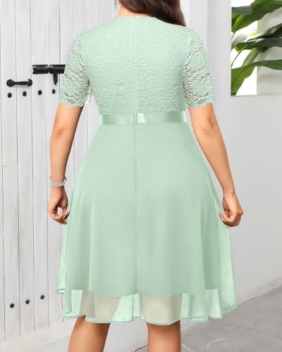 Image of Talisea Plus Size Wedding Guest Dress - Formal Cocktail Party Ruffle Elegant Tea Length Lace Chiffon V Neck Midi Dresses