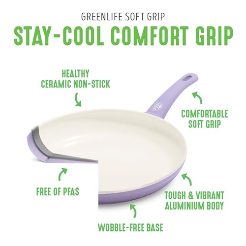 GreenLife Soft Grip Healthy Ceramic Nonstick 16 Piece Kitchen Cookware Pots and Pans Set, Includes Frying Pan Skillets Sauce and Casserole, PFAS-Free, Oven Safe, Lavender