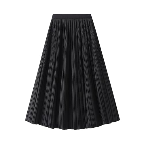 Women's Long Skirt Pleated Elastic Waist Elegant Mid Rise Winter Casual Elastic Calf Length