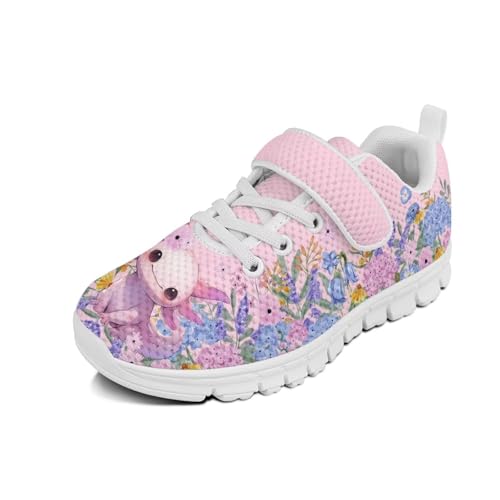 Kids Sneakers for Boys Girls Running Tennis Shoes Lightweight Breathable Sport Athletic White Sole Cute Axolot Floral Pattern