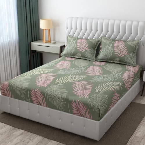 Image of 240 TC Cotton Feel Glace Cotton Elastic Fitted Printed King Size Double Bed Bedsheet with 2 Pillow Covers and Fits Upto 4-6 inches Mattress, Size- 72 inchx78 inch(Green pankh)