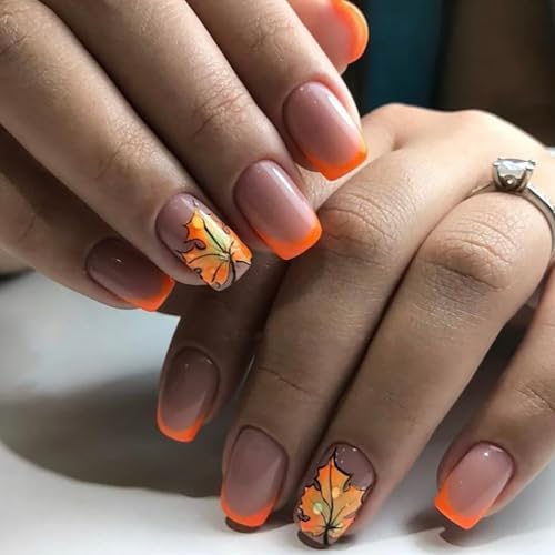 Vopintpy Orange French Tip Thanksgiving Press on Nails Fall Maple Leaf Fake Nails Medium Square Autumn Acrylic Glue on Nail Glossy Maple Leaves Artificial Stick on Nail for Women DIY Manicure