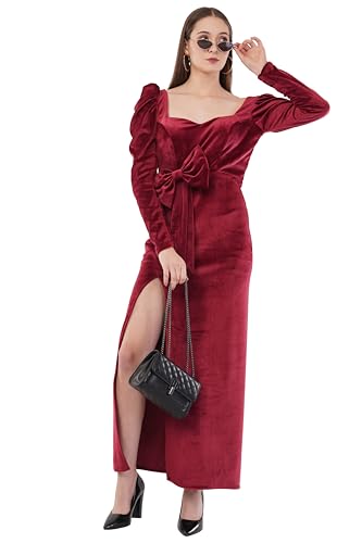 Image of Velvet Evening Gown, Long Sleeve Maxi Dress with Bow, Square Neck, Side Slit, Burgundy