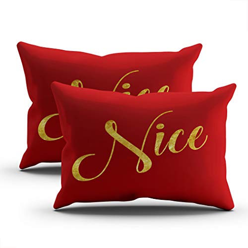 Geeole Set of 2 Pillow Cases, Nice or Naughty Two Side Gold Holiday Christmas Cushion Covers, Pillowcases Couch Pillows for Living Room Sofa Decor20x26 Inch