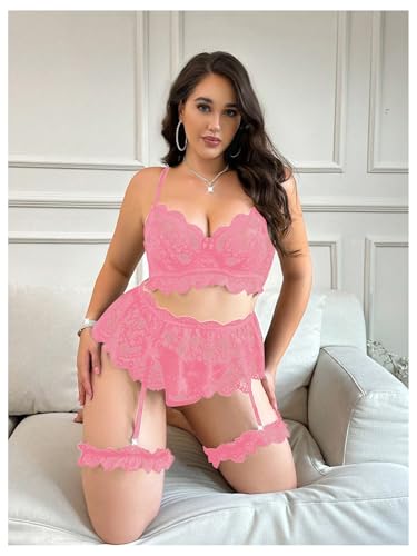 Image of Verdusa Women's Plus Size 4 Piece Lingerie Set Floral Lace Sheer Bralettes and Thong with Garter Belt