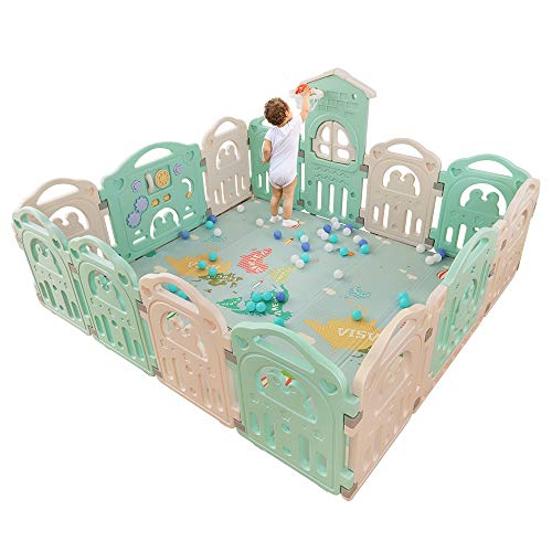 Yoleo Extra Large Baby Playpen Play Yard 75 x 84 Inches for Toddlers Kids Fences with Basketball Hoop Spacious Taller Gated Play Area Indoor/ Outdoor (Green, 14 Widened Panels)