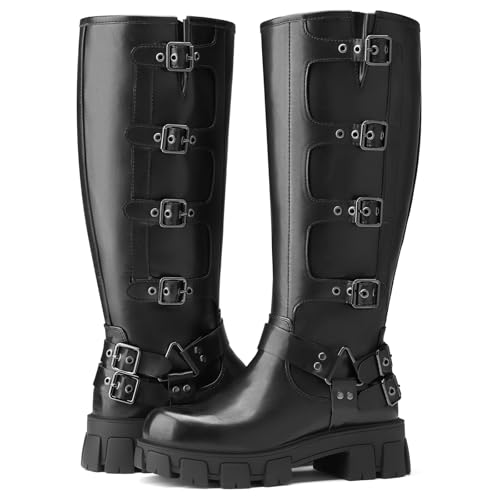 Women's Knee High Riding Boots with Side Zipper - Chunky Platform Motorcycle Boots for Women