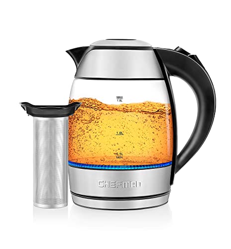 Chefman Electric Glass Kettle with Tea Infuser, 1.8L, Fast-Boiling Water Heater w/ Auto Shut-off & Boil-dry Protection, Cordless Pouring, BPA-Free, Stainless Steel