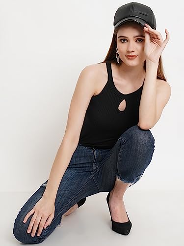 Image of POPWINGS Women Casual Black Rib Keyhole Crop Top