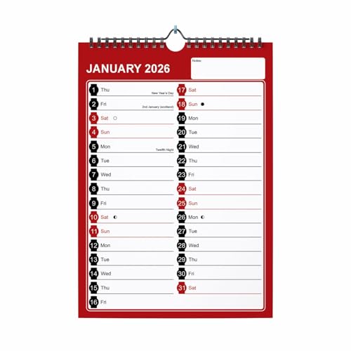 A4 2027 Wall Calendar Month To View Red And Black 12 Month Hanging Planner With Strip Includes UK Holidays Important Dates And Moon Phases Home Office Family Organiser