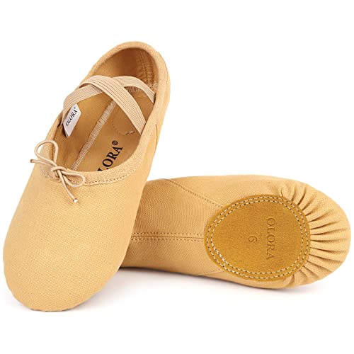 OLORA Zapatillas de ballet de lona para mujer, zapatillas de baile y yoga, zapatos de práctica para niñas y adultos, Bronceado ajustable, 37 EU