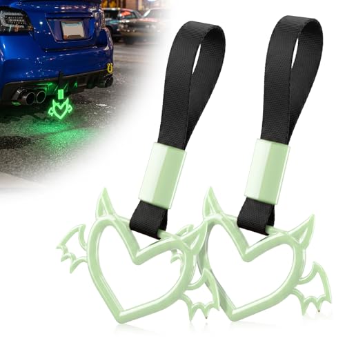 Image of 2 Pcs Devil Heart Shaped Car Handle Strap - JD M Drift Charm Rear Bumper Warning Ring Decor for Car Interior Exterior, Subway Bus Handle Accessory, Cute Heart Car Decor Gift (Luminous Green-Wing)