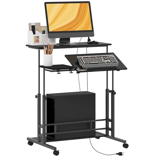 HOMCOM Height Adjustable Standing Desk with Power Outlets, Stand Up Desk with Tiltable Tabletop, Lockable Wheels, Bottom Shelf, Rolling Workstation for Home Office, Black