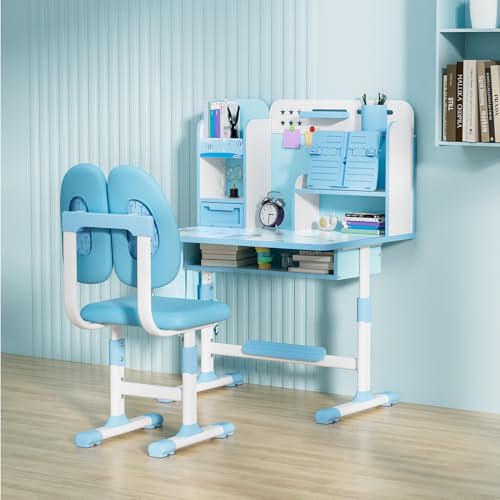 joukares Kids Study Desk Chair Set, Table & Ergonomic Chair for Children with Storage Drawer, Tilted Desk with Adjustable Height for Ages 3-12, Children's Table Sets for Home or Classroom (Blue)