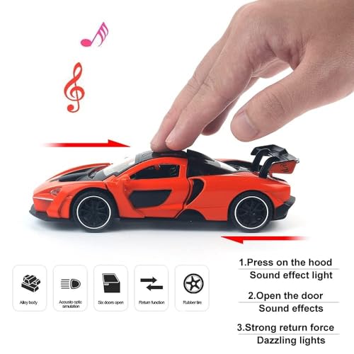 Image of McLaren Senna Car Toy - 1:28 Scale Alloy Die-Cast Supercar Model with Lights & Sound, Pull-Back Sports Car Toy for Kids, Boys & Collectors - Gift Item (Orange)