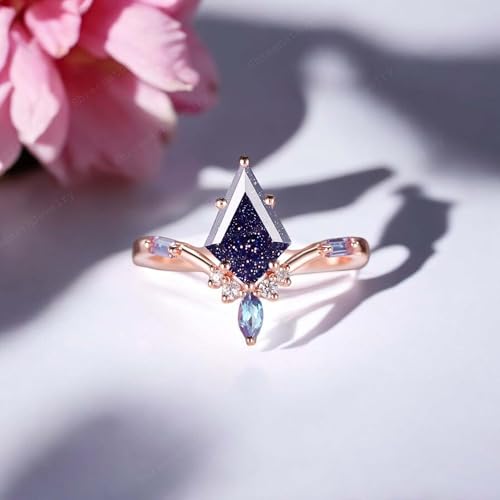 Vintage Kite Cut Galaxy Sandstone Engagement Ring 14k Rose Gold Color Changing Alexandrite Handmade Jewelry Gift for Wife Art Deco V Shape Anniversary Ring2