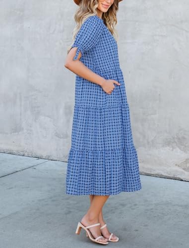 Image of Theenkoln Womens Casual Midi Dress: Short Sleeve V-Neck Empire Waist Gingham Spring Fashion Long Trendy Tiered Formal Dresses