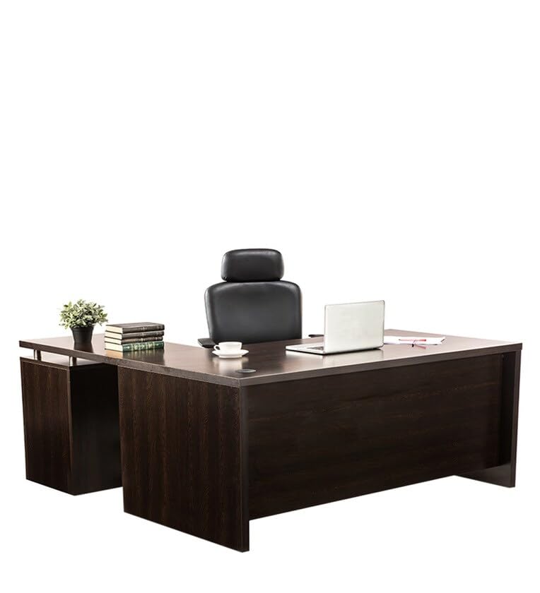 Image of Lakdi The Furniture Co Directo Table and Office Desk for L-Shape Made in Particle Board with Side Unite and Drawers Storage Wire Manager, Luxury Executive Desk Wenge Brown Color- (LDL-559)