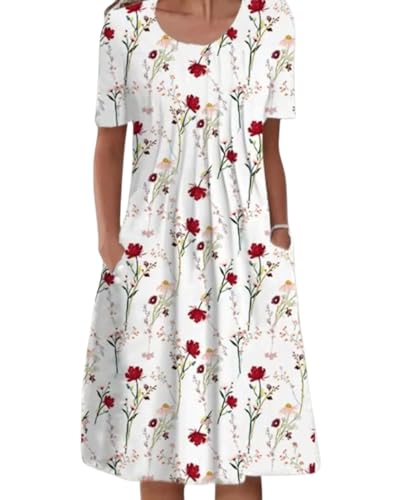 Womens Floral Print Dresses 2025 Summer Casual Short Sleeve Flowy Beach Vacation Elegant Comfy Dress with Pockets